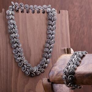 Vintage Artisan Double Swirl Sterling Necklace and Bracelet Set Convertible